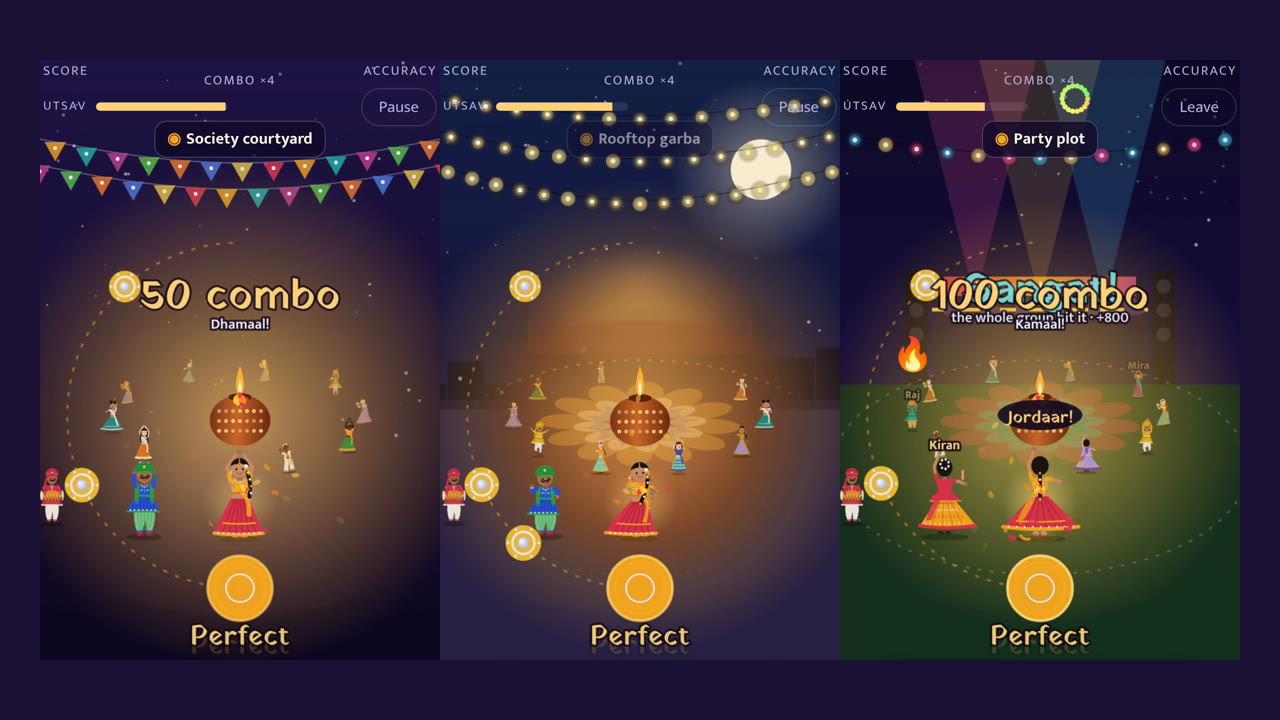Garba Beat gameplay in three venues: a society courtyard, a rooftop garba and a party plot
