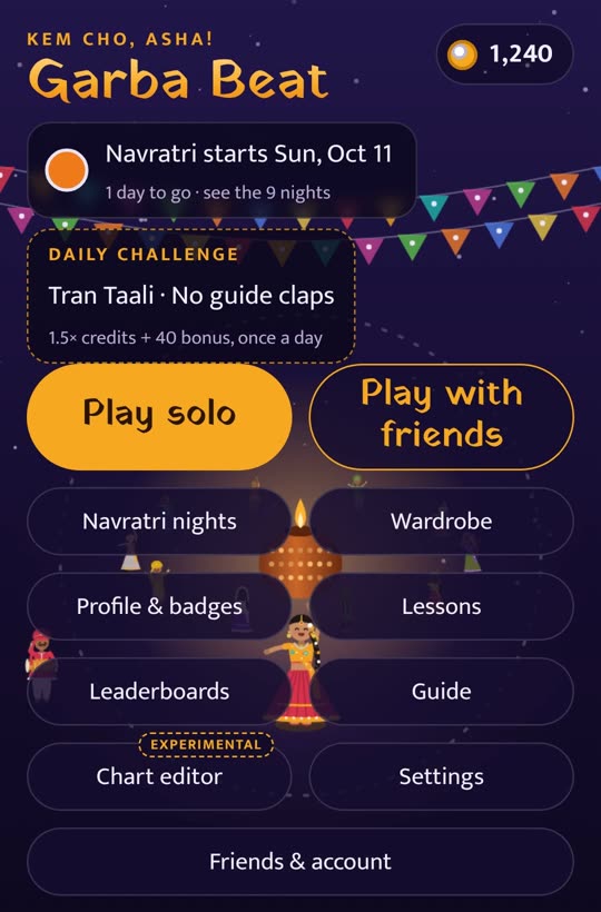 The Garba Beat main menu with the daily challenge and play buttons