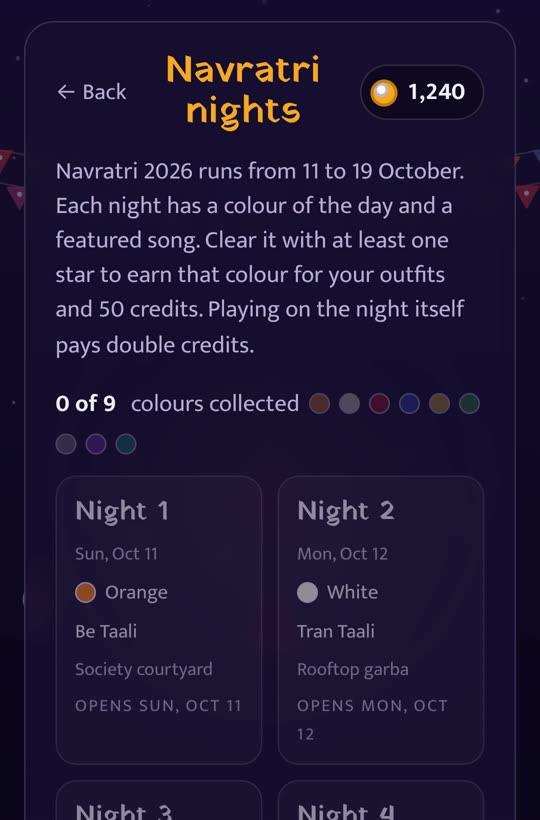 The Navratri nights screen showing night 1 orange and night 2 white