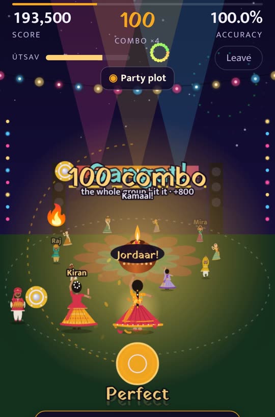 Friends dancing together at the party plot with a 100 combo