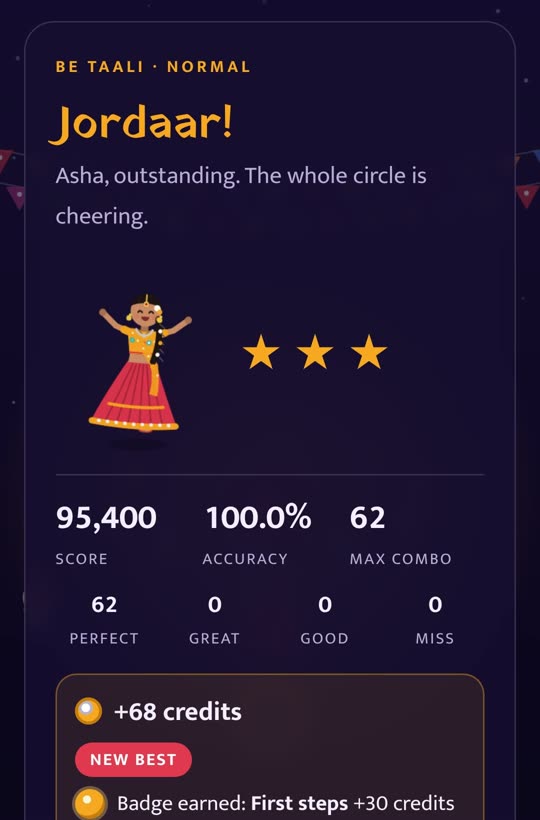 A results screen with three stars, 100% accuracy and new badges